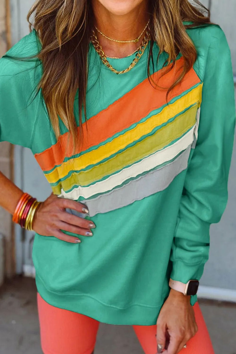 Contrast Round Neck Long Sleeve Sweatshirt Turquoise