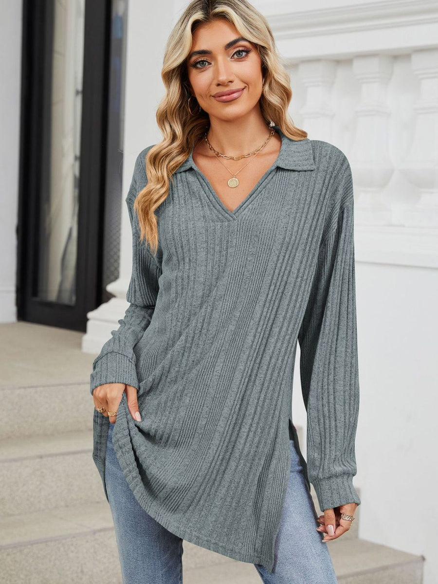 Slit Johnny Collar Long Sleeve T-Shirt Air Force Blue