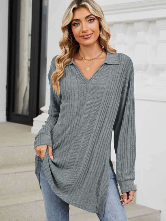 Slit Johnny Collar Long Sleeve T-Shirt Air Force Blue
