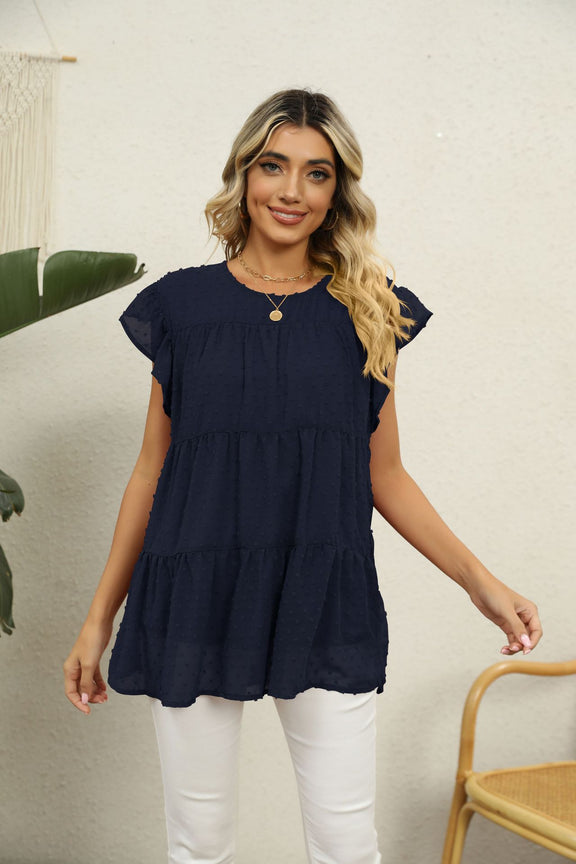 Swiss Dot Round Neck Tiered Blouse Dark Navy