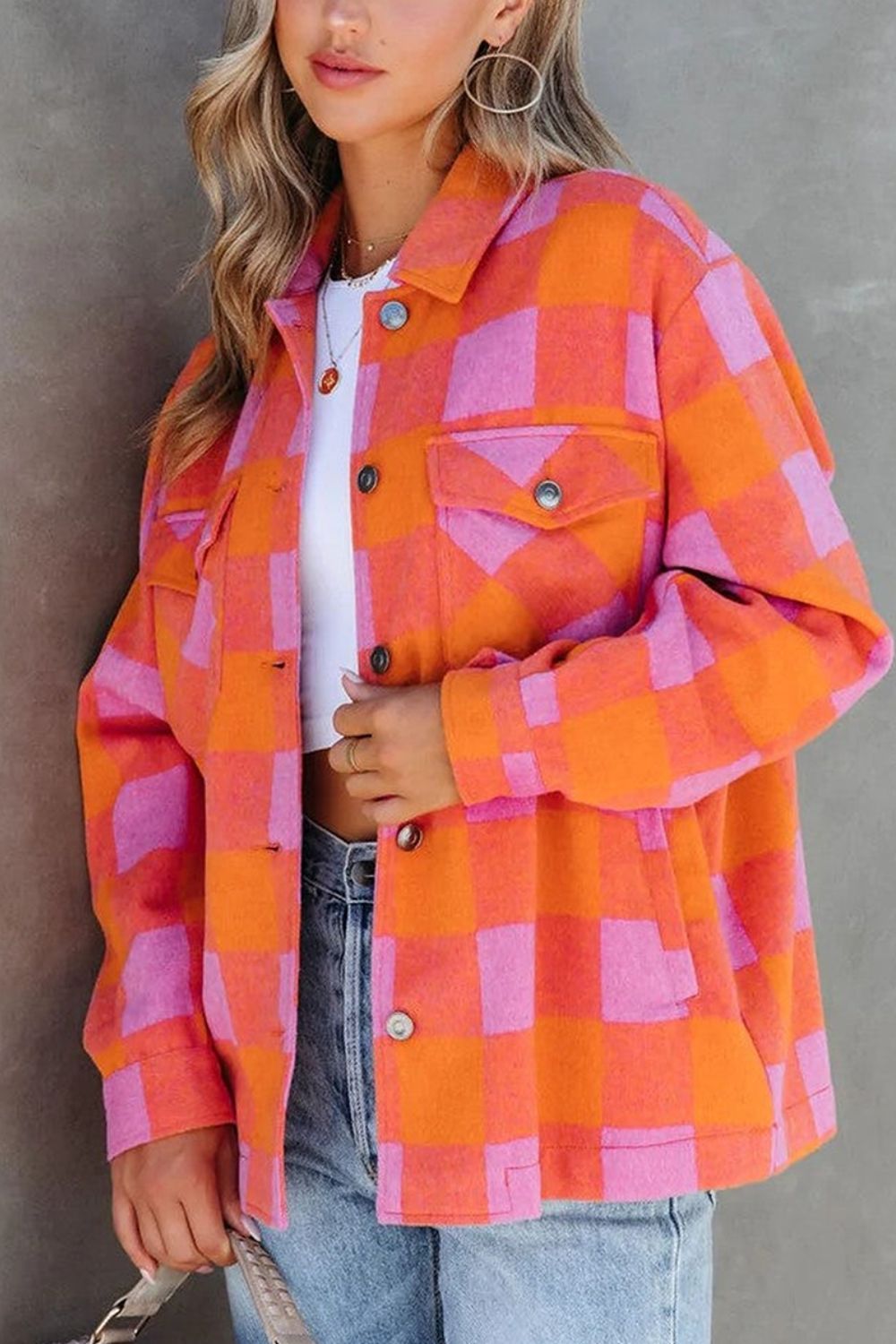 Plaid Collared Neck Button Up Jacket Orange