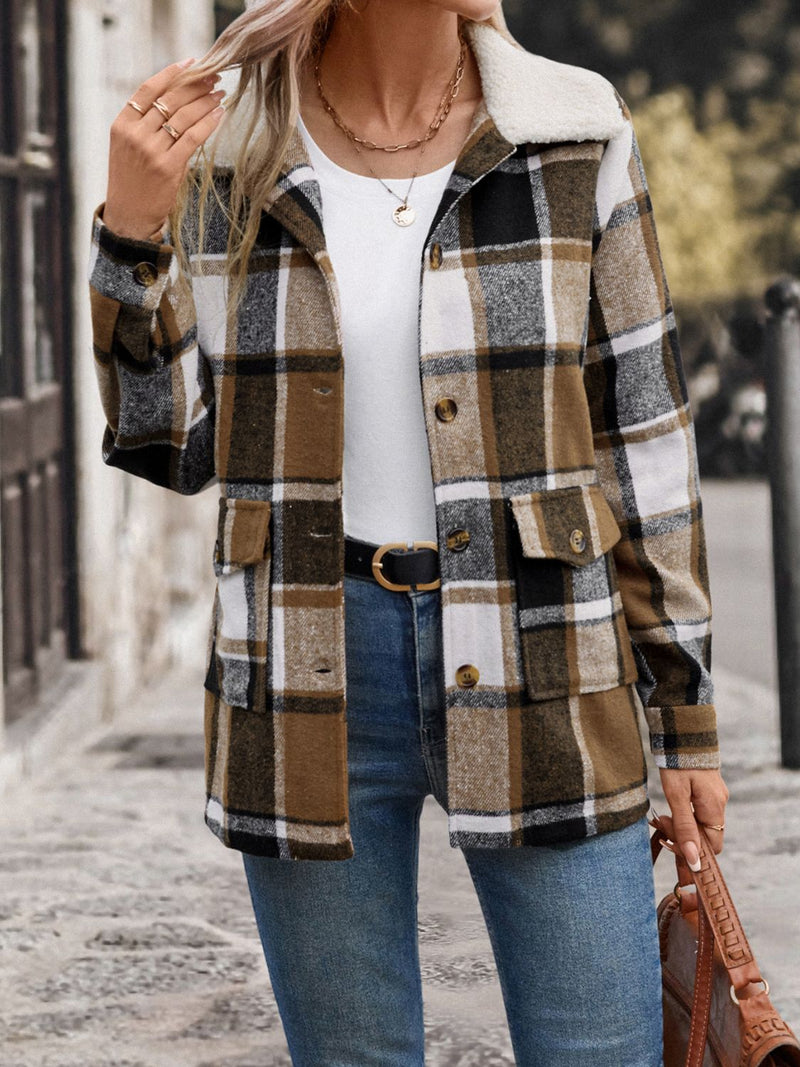 Perfee Pocketed Plaid Button Up Collared Neck Jacket Camel