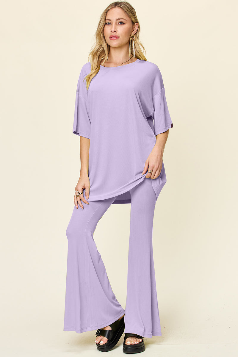 Double Take Full Size Round Neck Drop Shoulder T-Shirt and Flare Pants Set Lavender