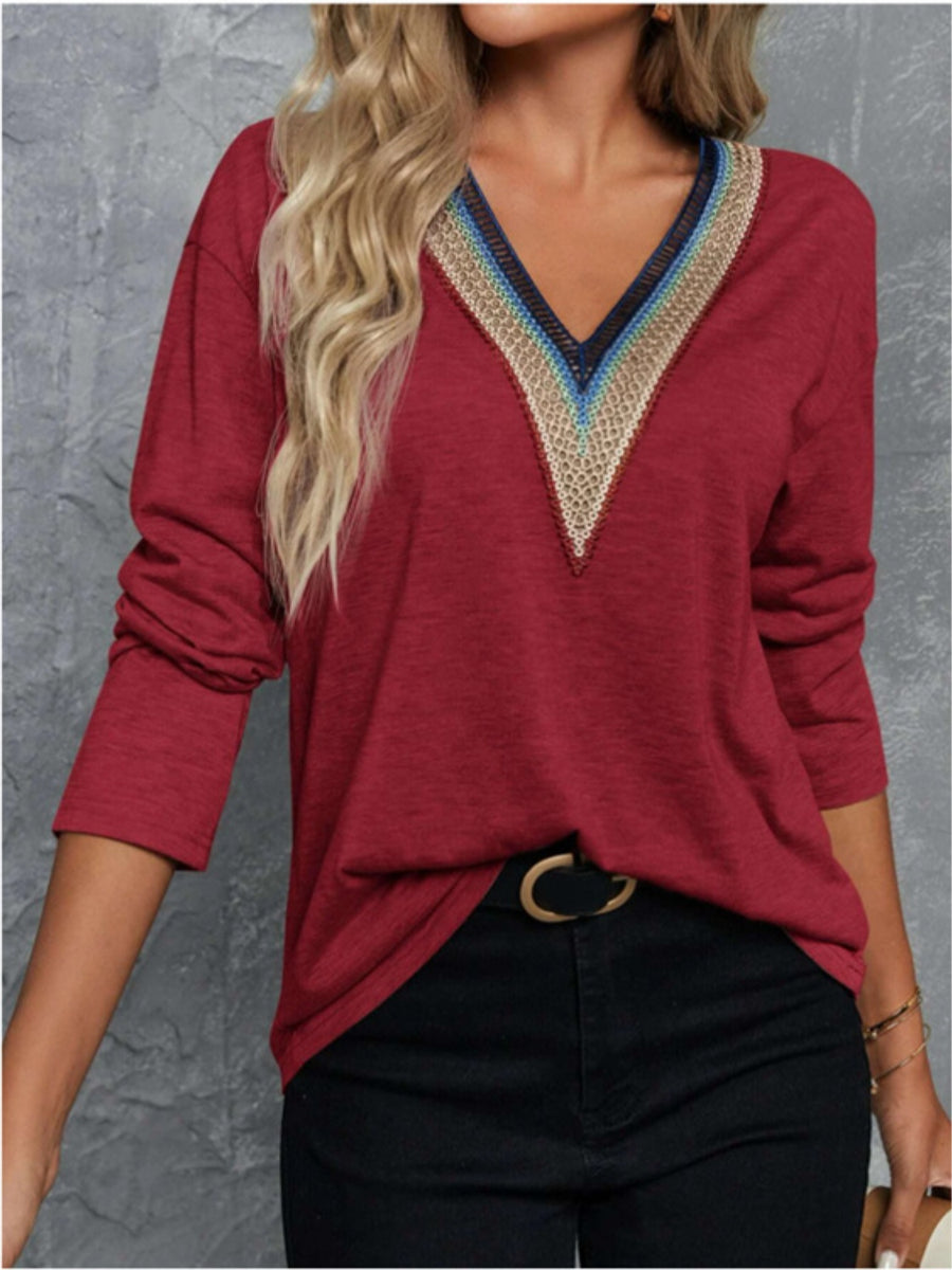 V-Neck Long Sleeve T-Shirt Burgundy