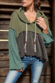 Waffle-Knit High-Low Color Block Hooded Long Sleeve Top Moss