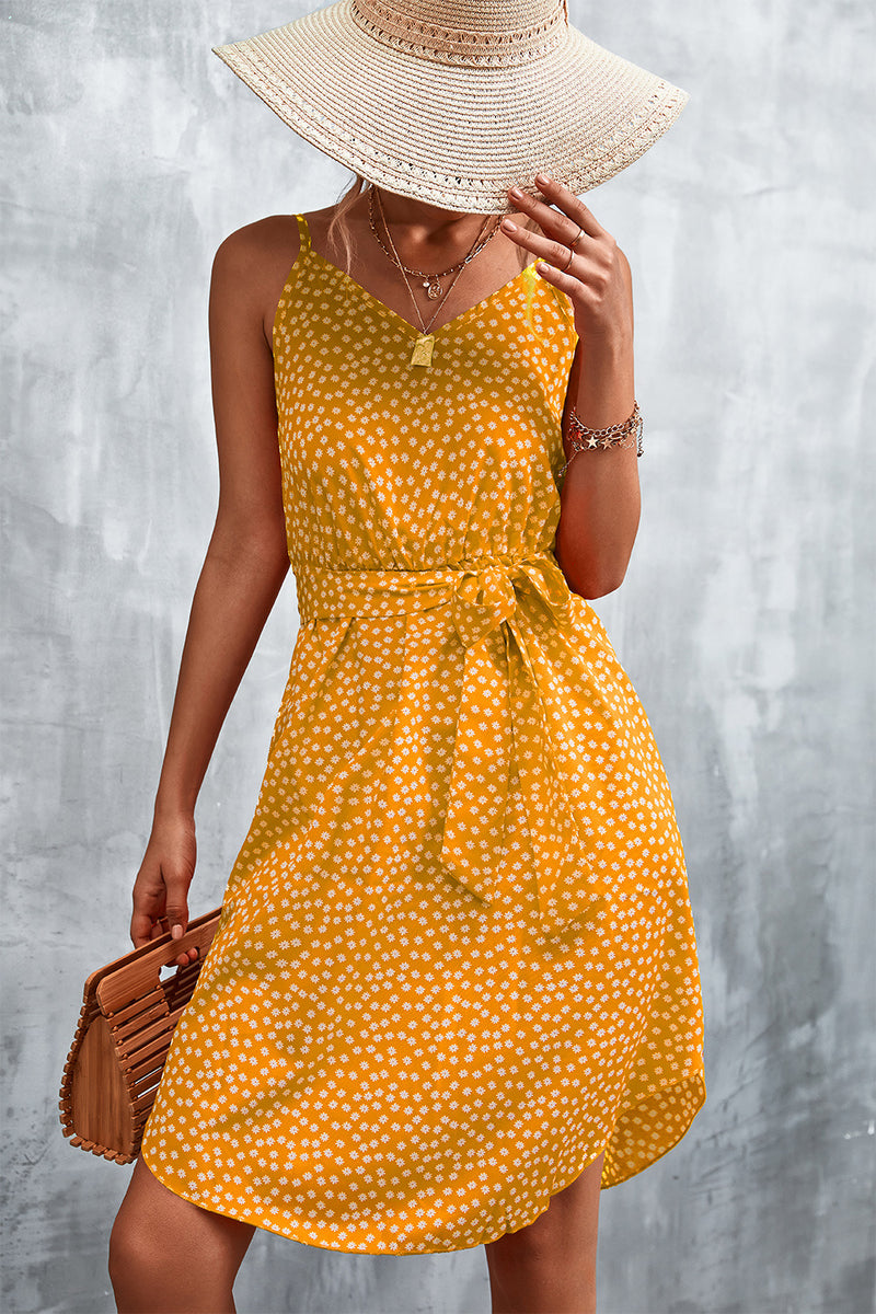 Printed V-Neck Tie Waist Mini Dress Mustard