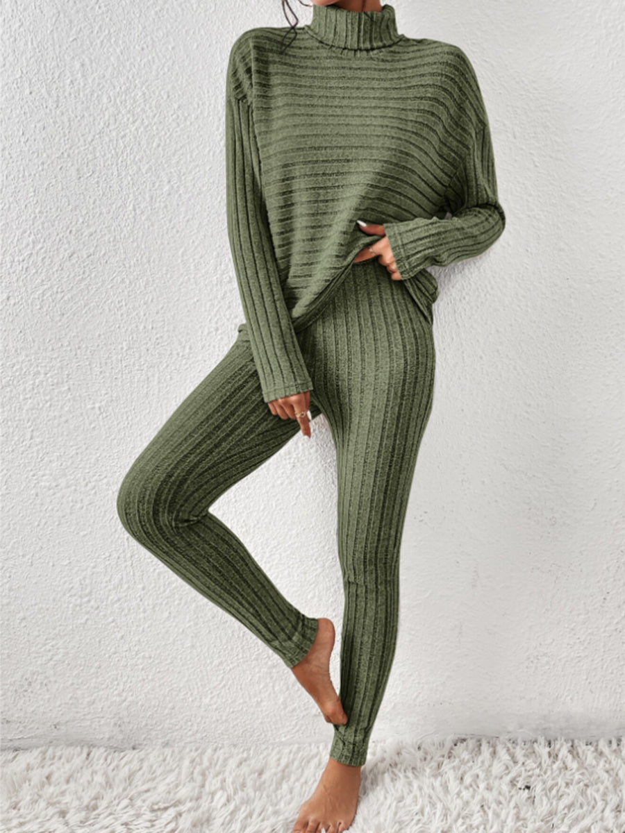 Ribbed Turtleneck Top and Pants Set Matcha Green