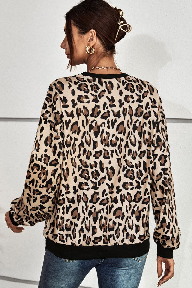 Leopard Round Neck Dropped Shoulder Sweatshirt