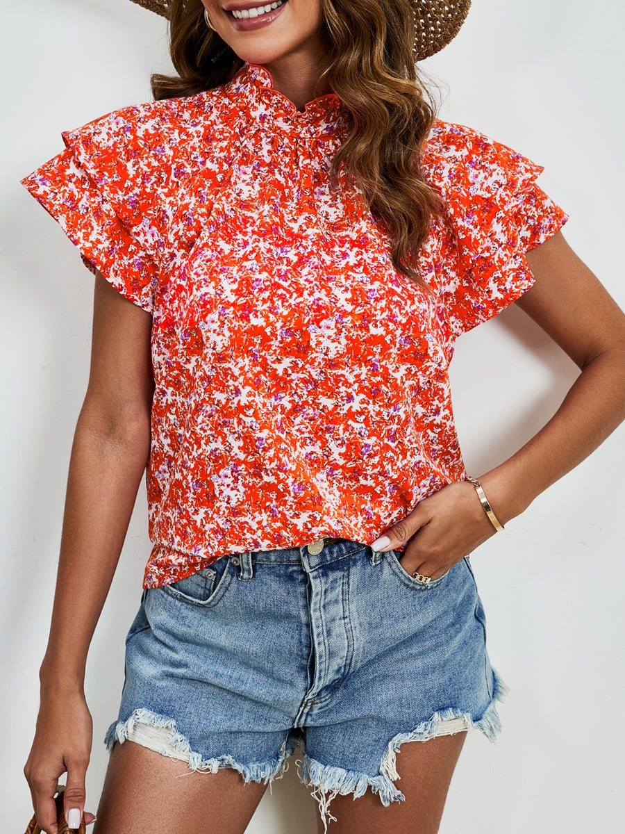 Ditsy Floral Mock Neck Flounce Sleeve Blouse Orange