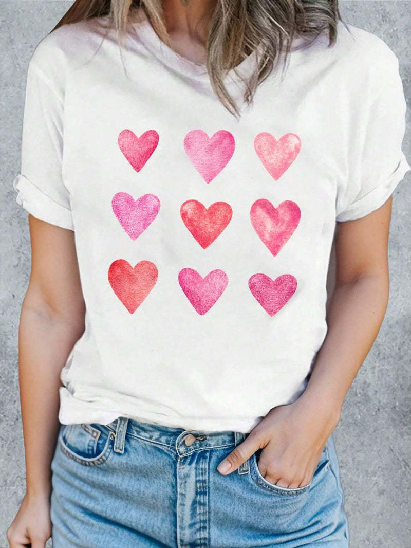 Heart Round Neck Short Sleeve T-Shirt White
