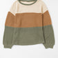 Waffle-Knit Color Block Round Neck Long Sleeve Blouse