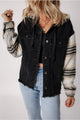 Drawstring Raw Hem Button Up Hooded Denim Jacket Black