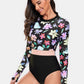 Flower Round Neck Long Sleeve One-Piece Swimwear