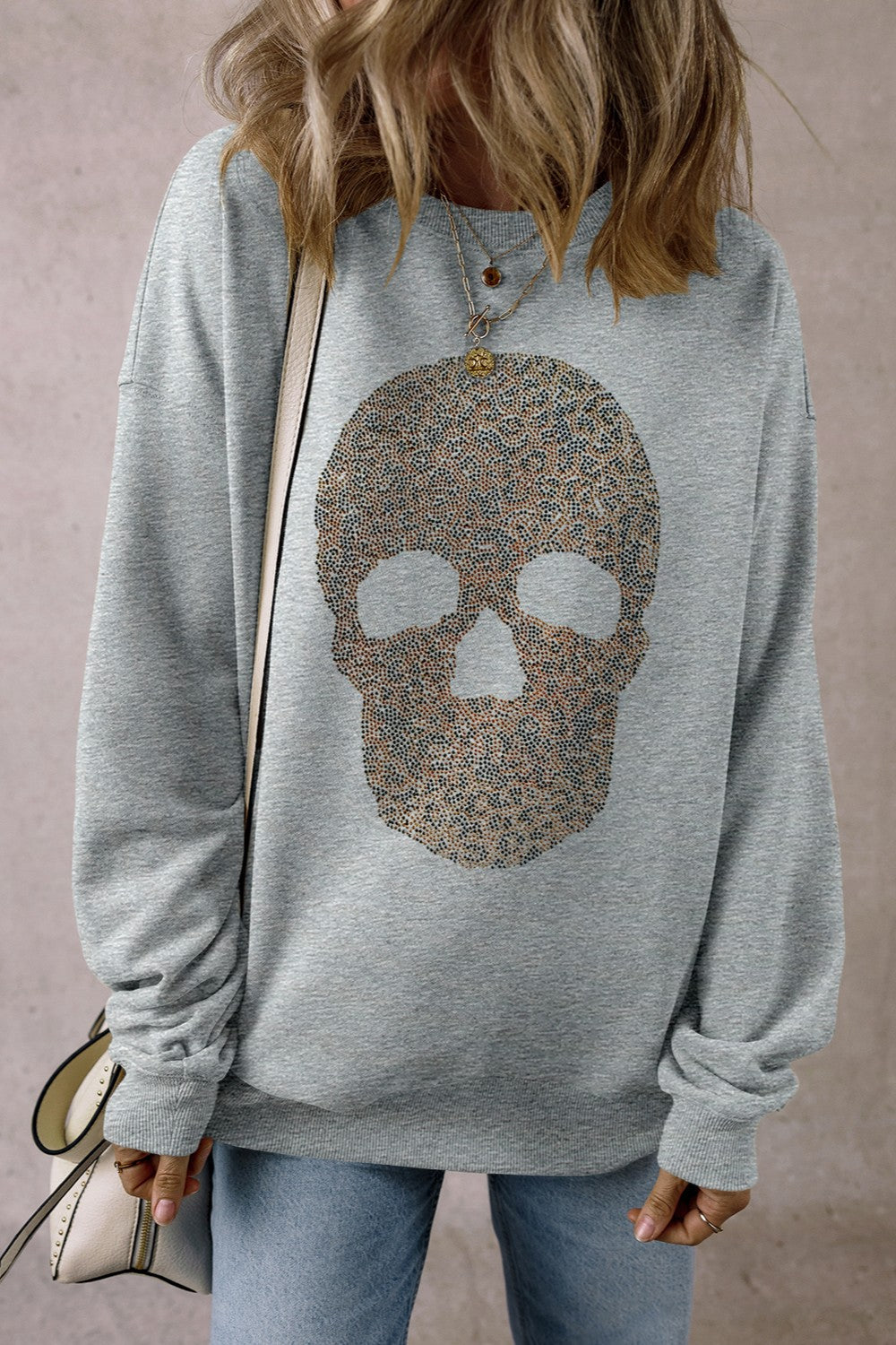 Skull Round Neck Long Sleeve Sweatshirt Gray