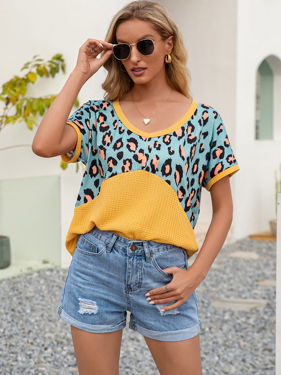 Ivy Lane Leopard Waffle-Knit Short Sleeve Top Yellow