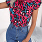 Leopard Tie Neck Cap Sleeve Blouse