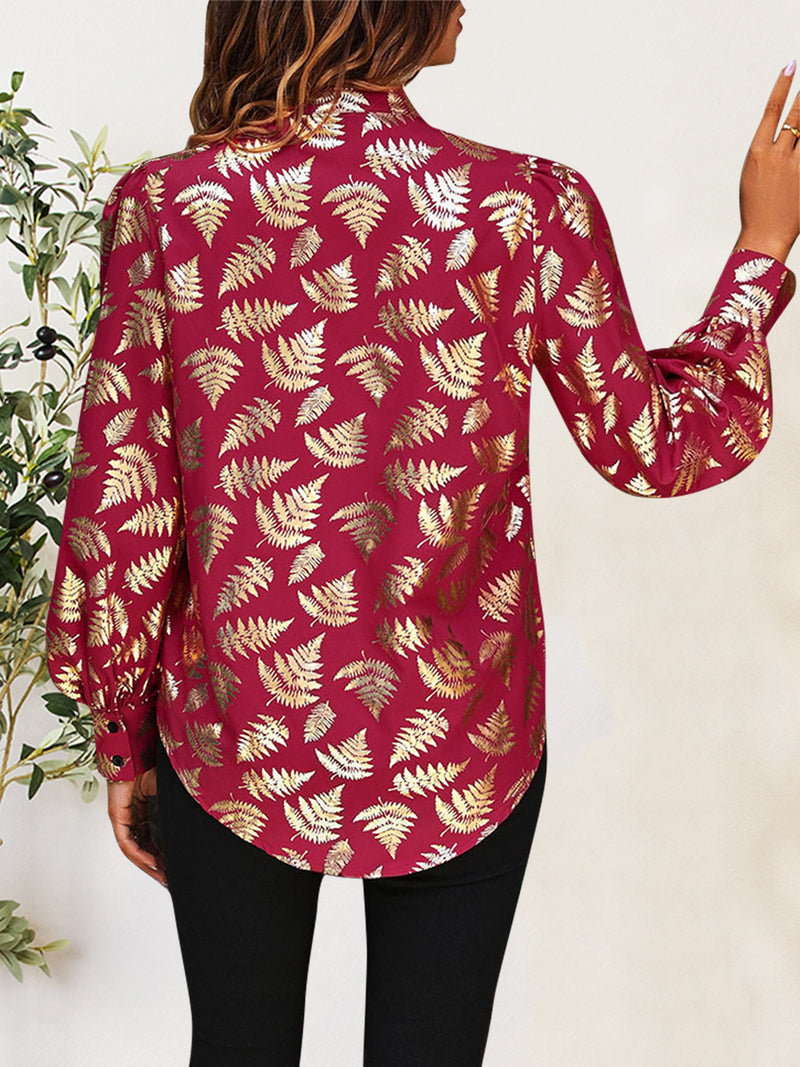 Perfee Printed Notched Long Sleeve Shirt