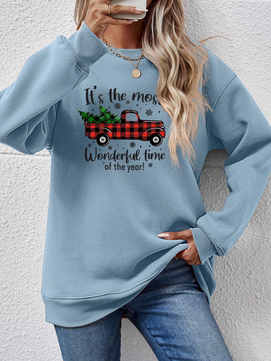 Graphic Round Neck Long Sleeve Sweatshirt Misty Blue