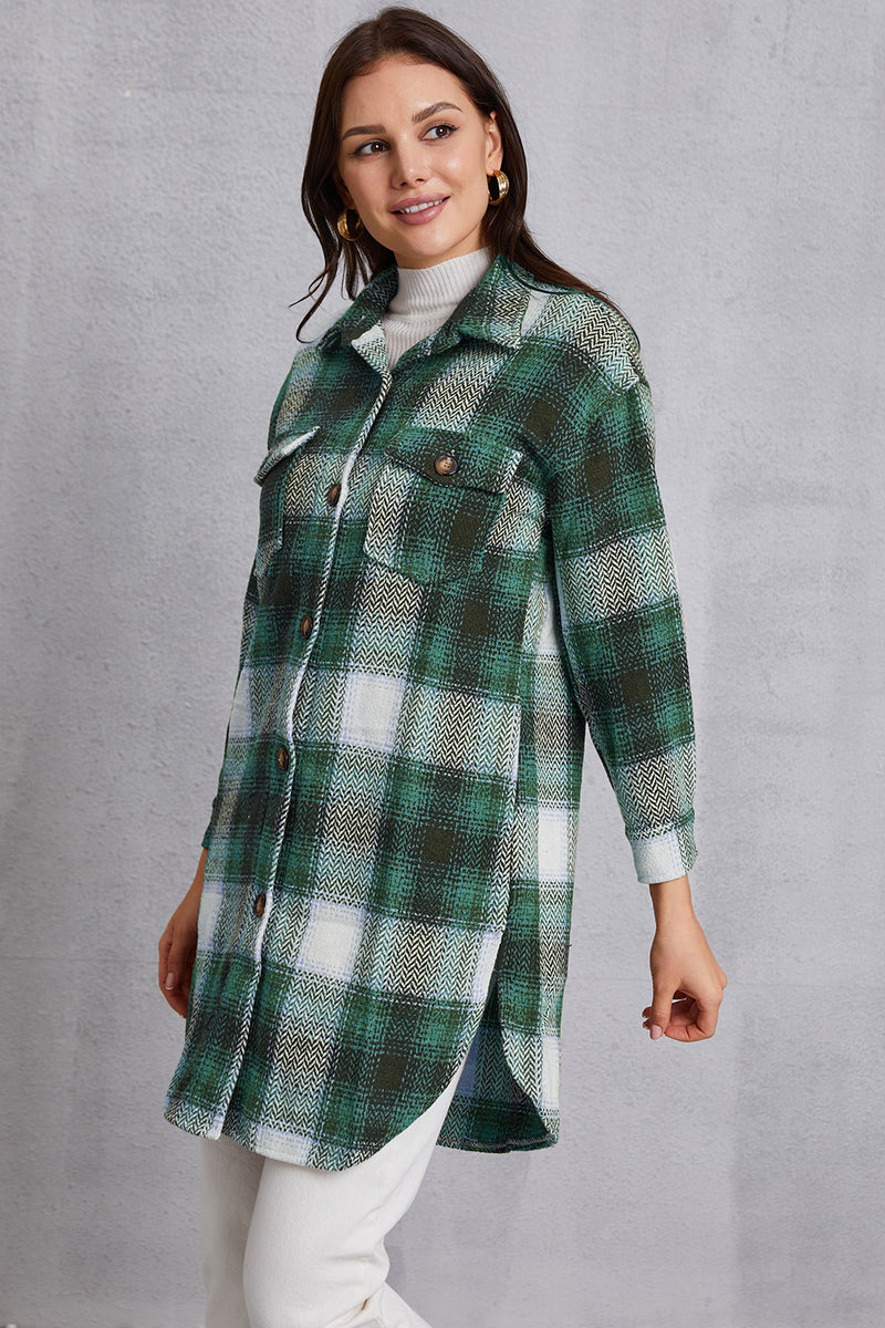 MeiMei Plaid Button Up Dropped Shoulder Coat with Pockets