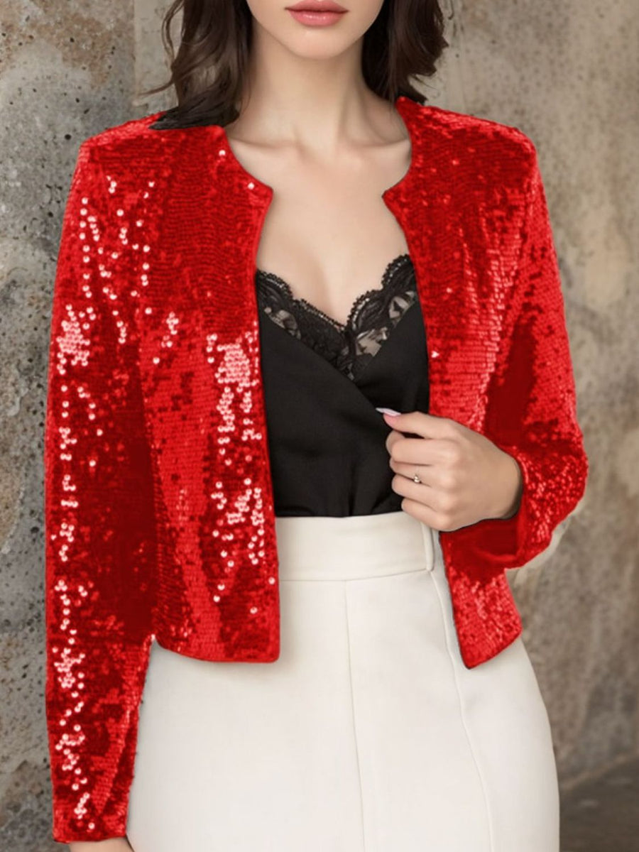 Full Size Sequin Open Front Cropped Jacket Scarlet