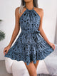 Halter Neck Printed Tie Waist Sleeveless Mini Dress Dusty Blue
