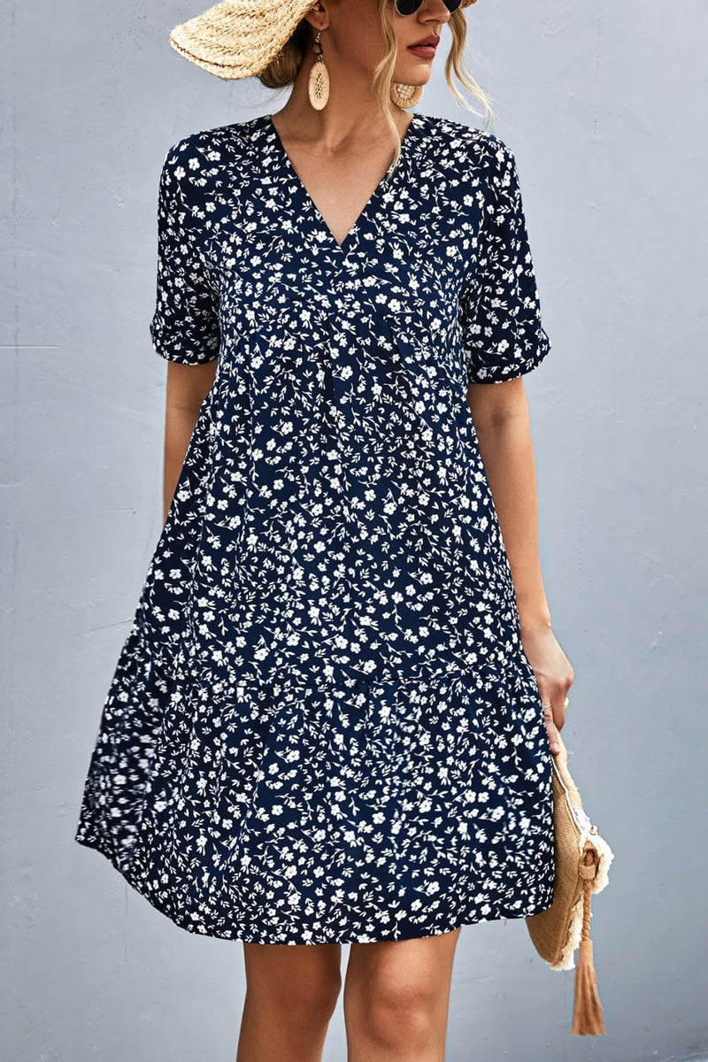 Ditsy Floral Empire Waist Plunge Short Sleeve Dress Dark Blue
