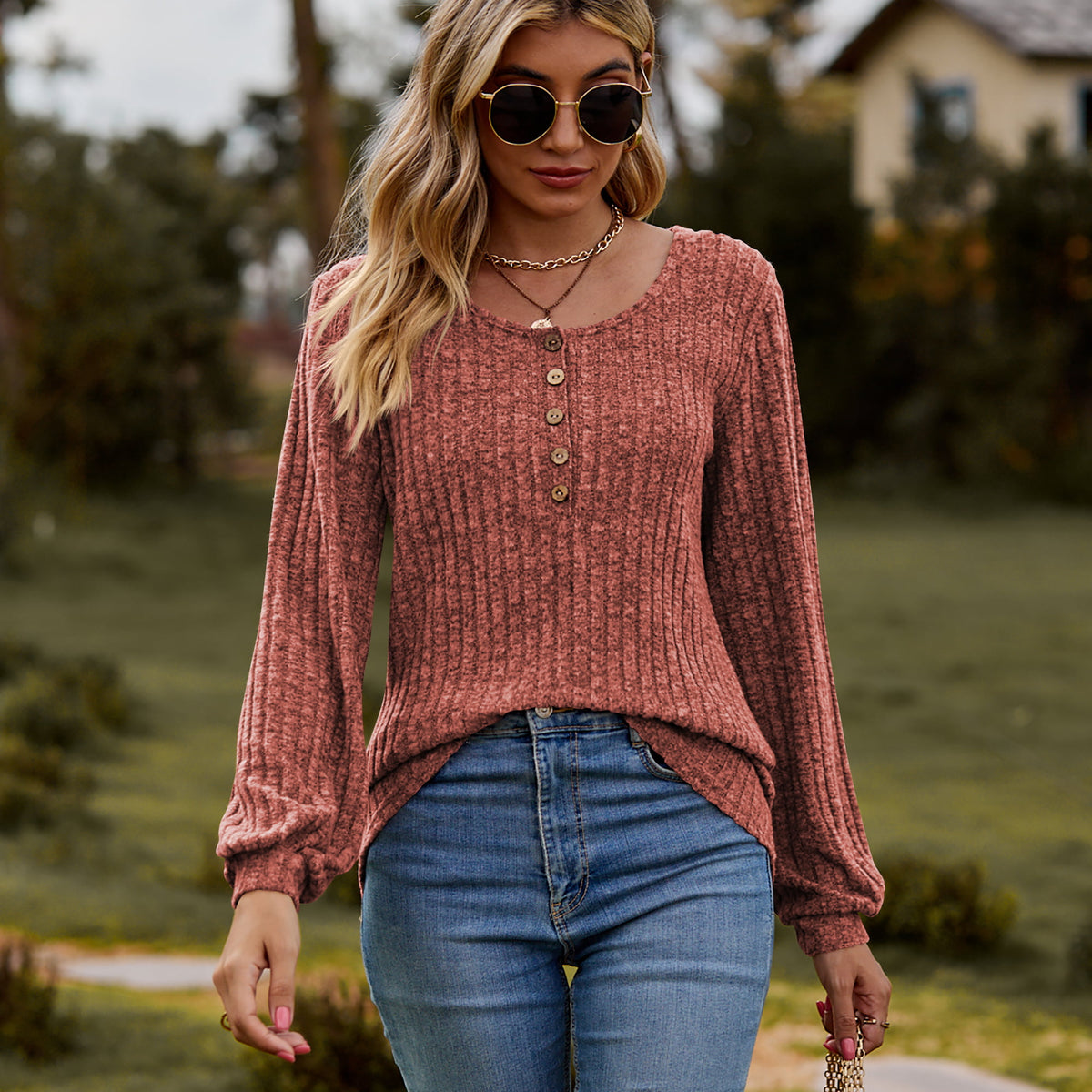 Round Neck Button-Down Long Sleeve Tee Rust