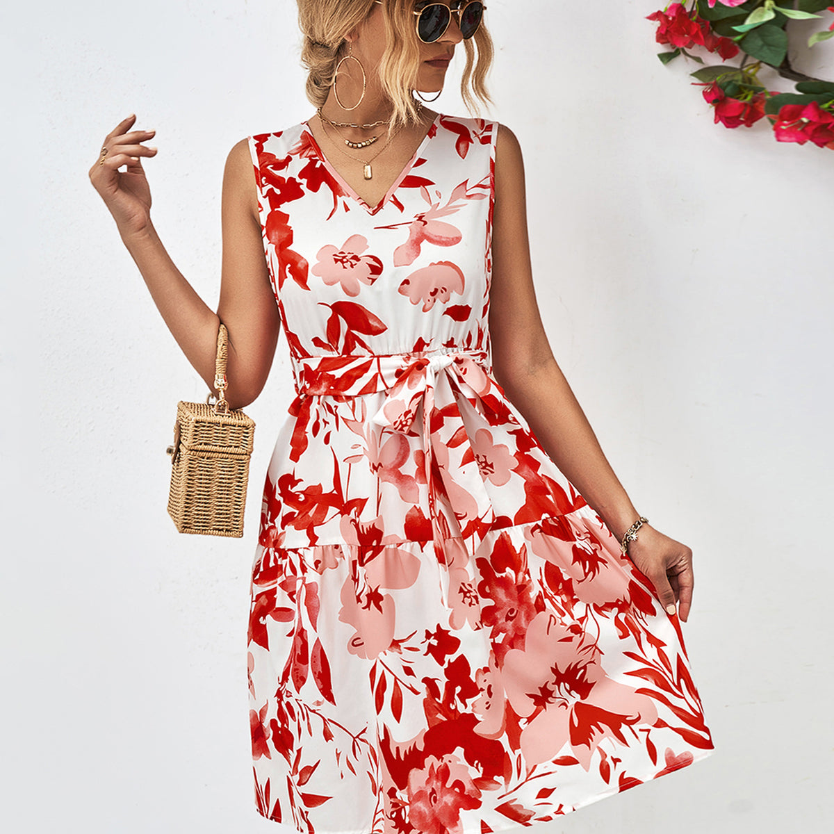 Floral V-Neck Tie Waist Sleeveless Dress