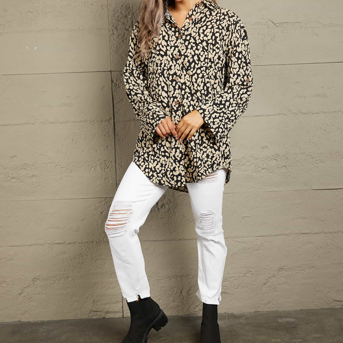 Ivy Lane Leopard Roll-Tap Sleeve Shirt