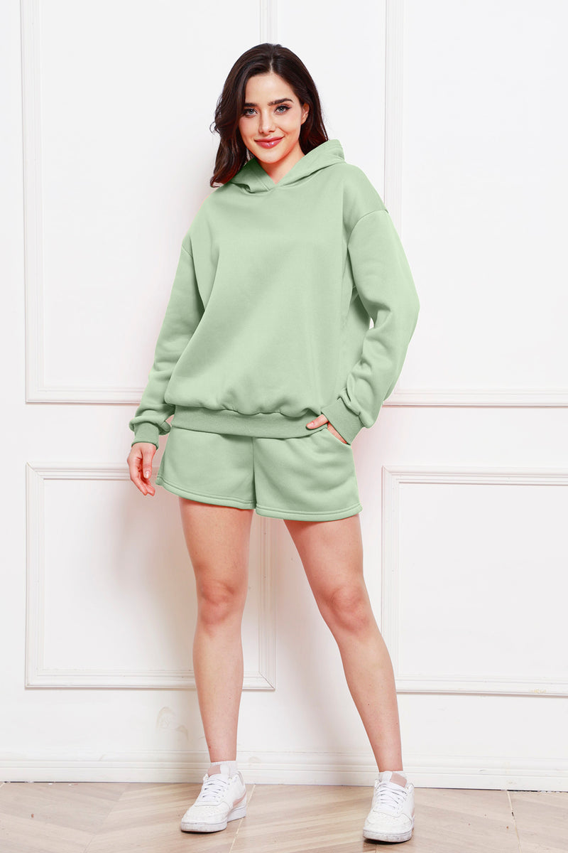 Drop Shoulder Long Sleeve Hoodie and Shorts Set Sage