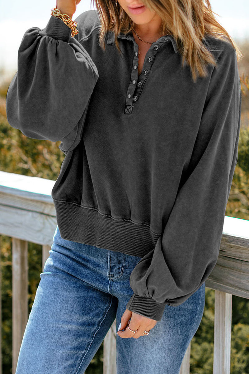 Quarter-Snap Collared Lantern Sleeve Sweatshirt Black