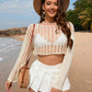 Openwork Boat Neck Long Sleeve Cover-Up