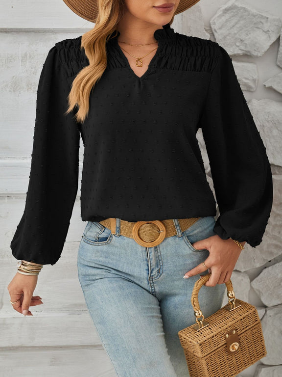 Ruched Swiss Dot Notched Balloon Sleeve T-Shirt Black
