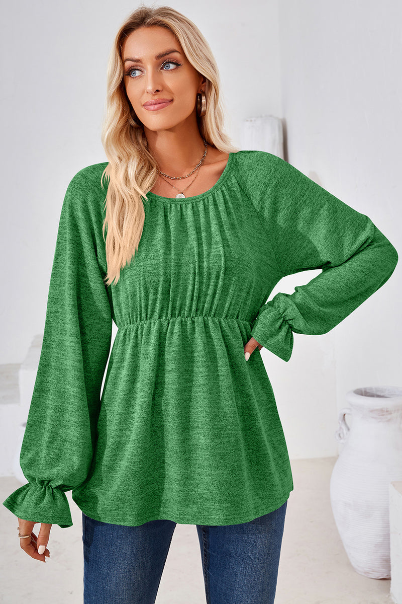 Ruched Round Neck Flounce Sleeve Blouse Green