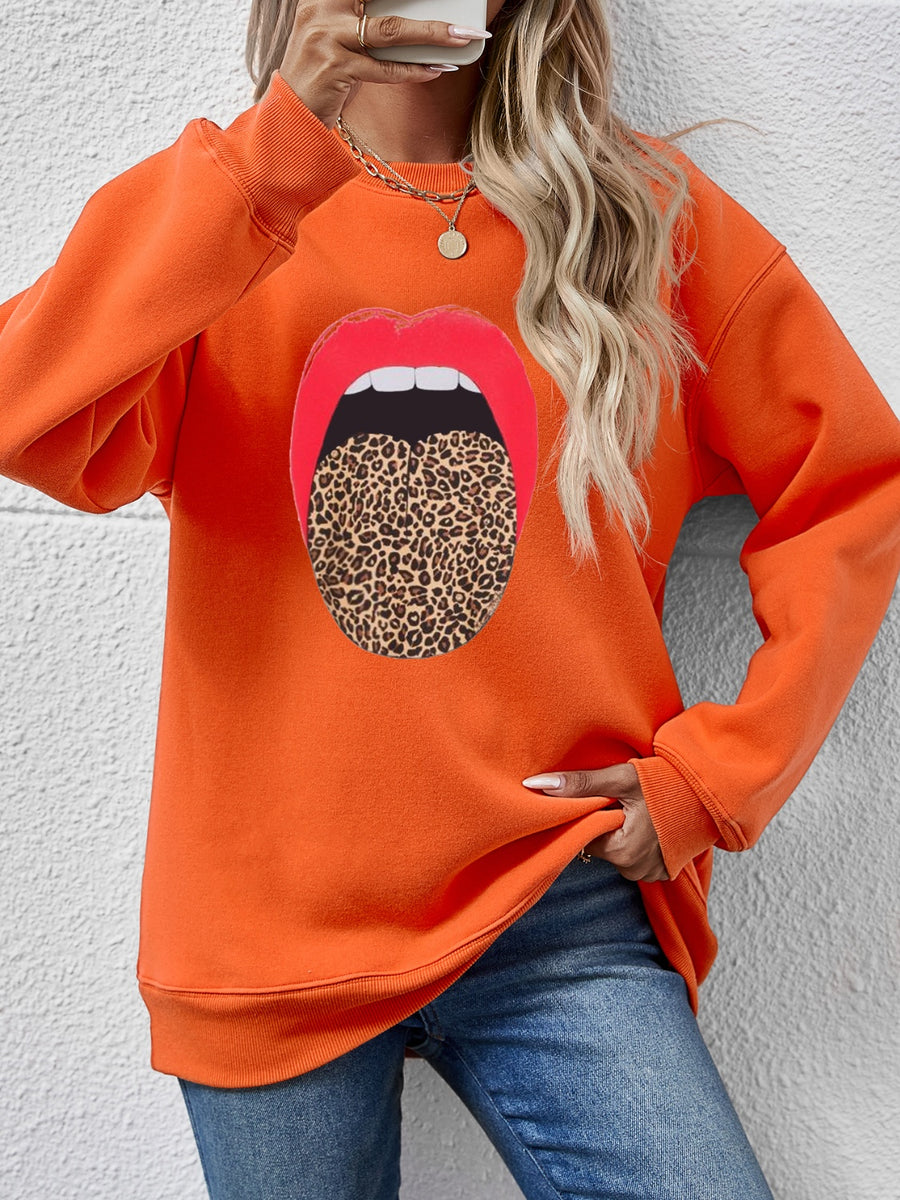 Leopard Lip Graphic Round Neck Sweatshirt Caramel