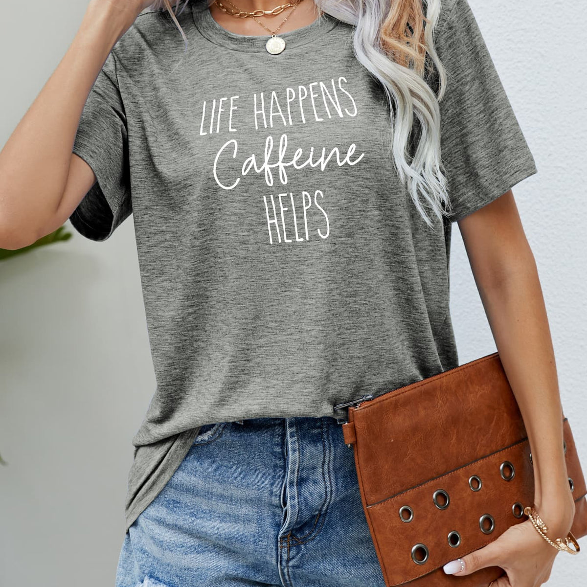 LIFE HAPPENS CAFFEINE HELPS Graphic Tee Heather Gray