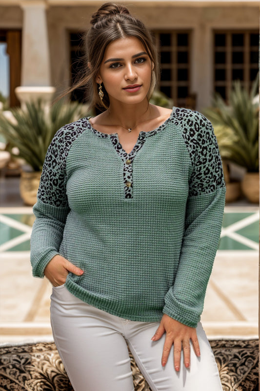 Plus Size Leopard Waffle-Knit Long Sleeve T-Shirt