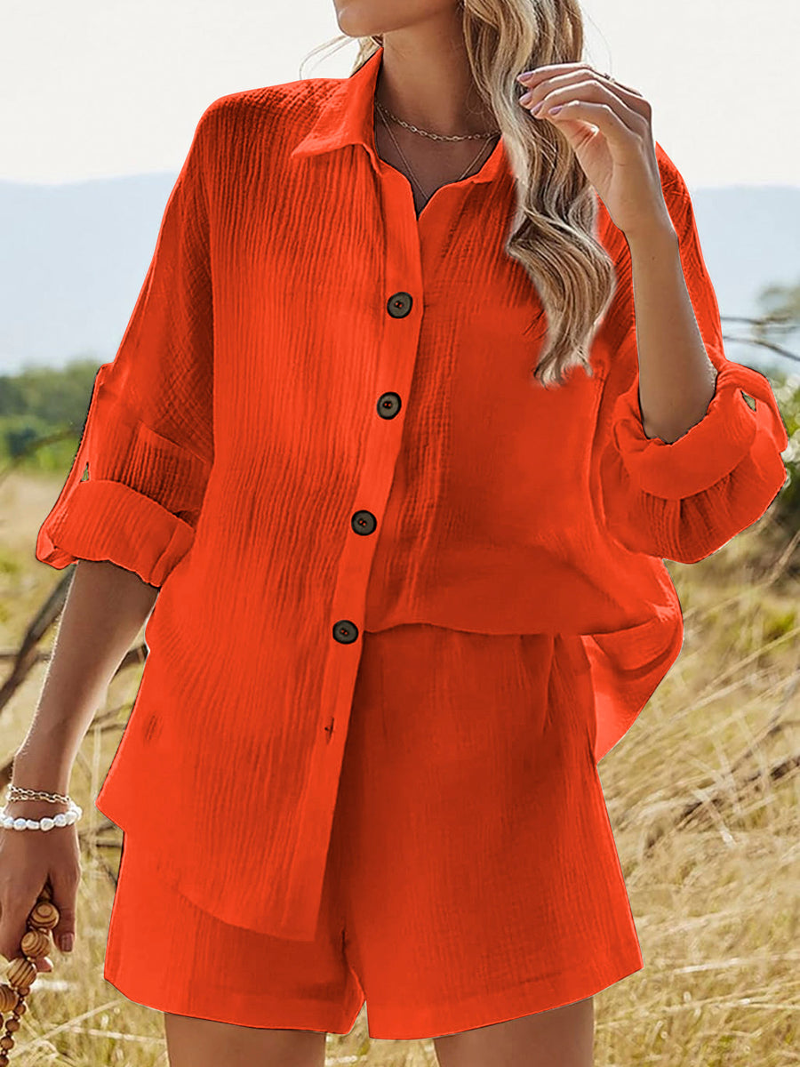 Texture Button Up Shirt and Shorts Set Pumpkin