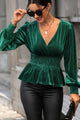 Perfee Smocked Surplice Lantern Sleeve Peplum Blouse Dark Green