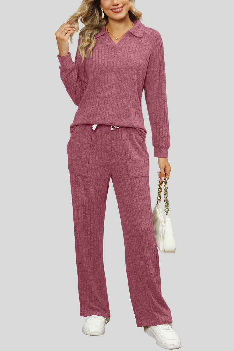 Ribbed Long Sleeve Top and Pocketed Pants Set Dusty Pink