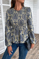 Peplum Printed Round Neck Long Sleeve Blouse Navy