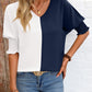 Contrast V-Neck Lantern Sleeve Blouse