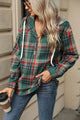 Drawstring Plaid Hooded Long Sleeve Top Dark Green