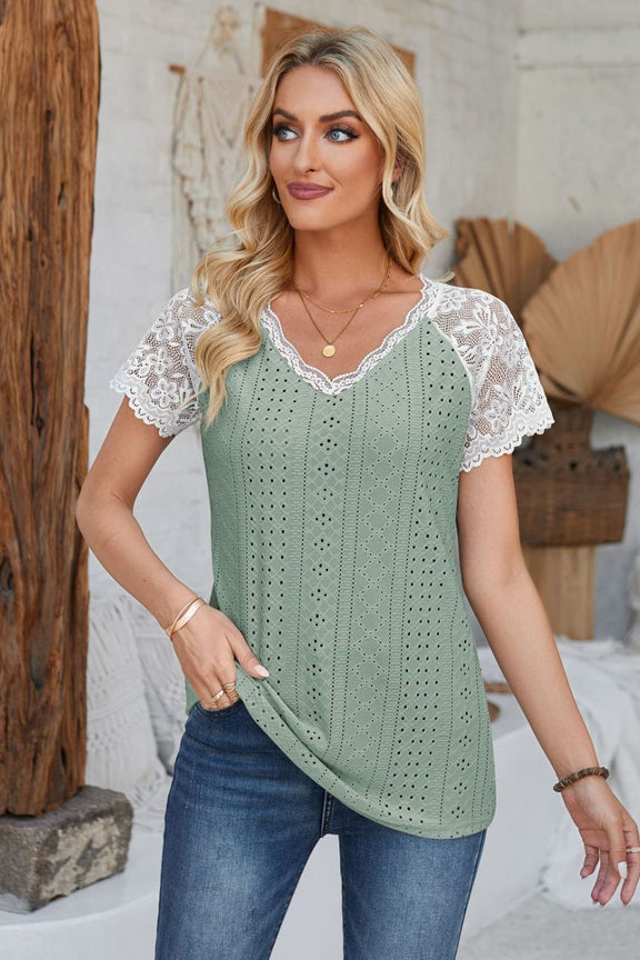 Eyelet V-Neck Lace Short Sleeve T-Shirt Sage
