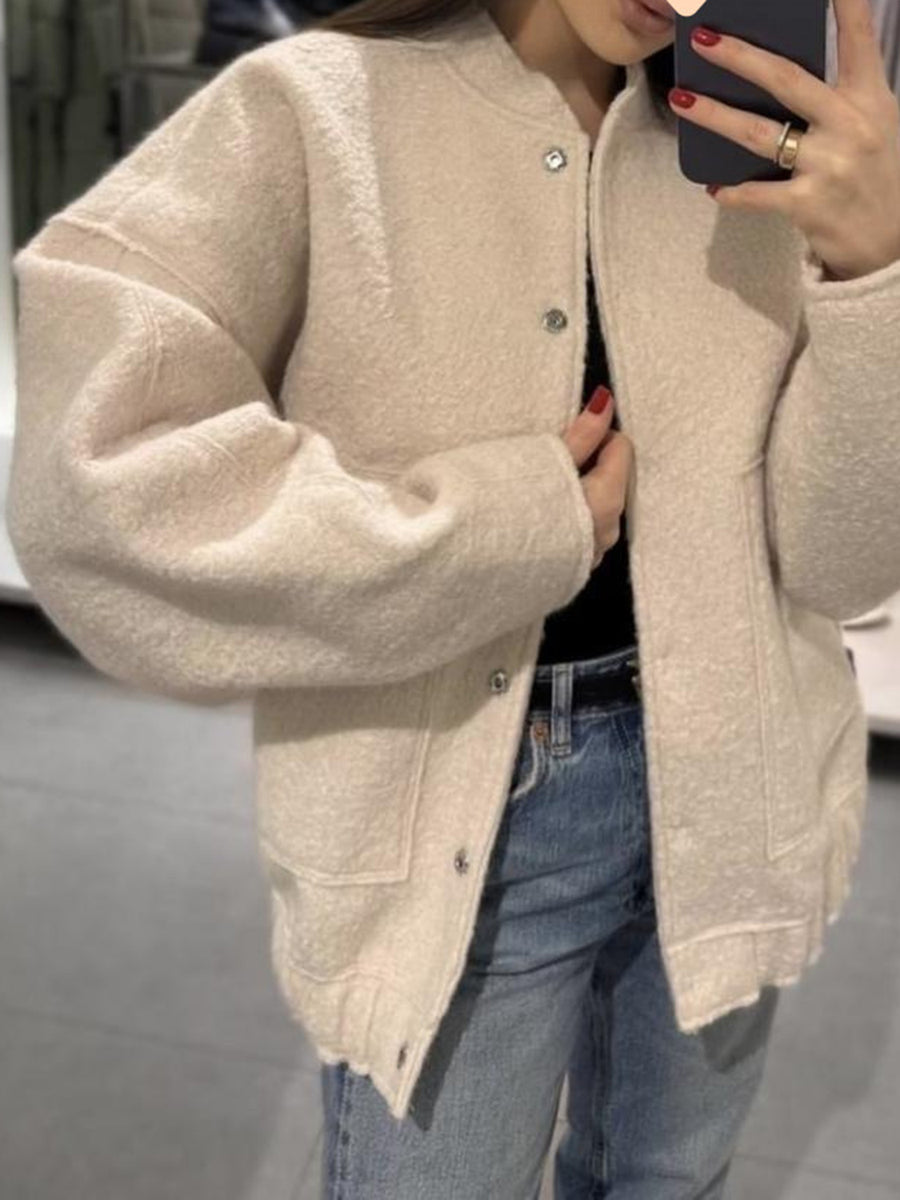 Full Size Snap Down Drop Shoulder Jacket Beige