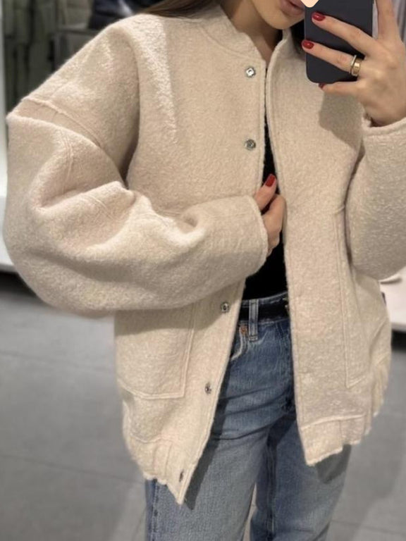Full Size Snap Down Drop Shoulder Jacket Beige