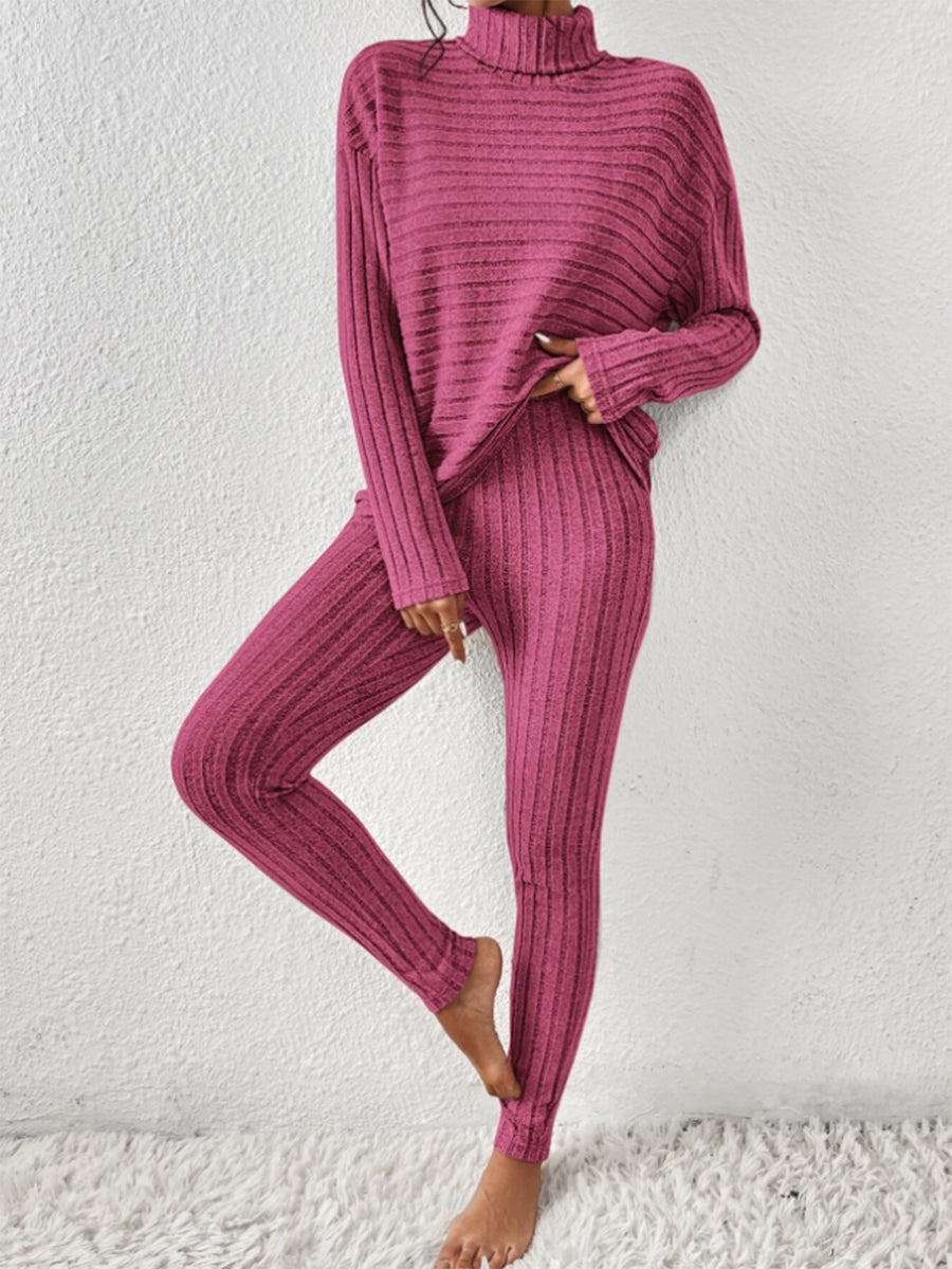 Ribbed Turtleneck Top and Pants Set Hot Pink