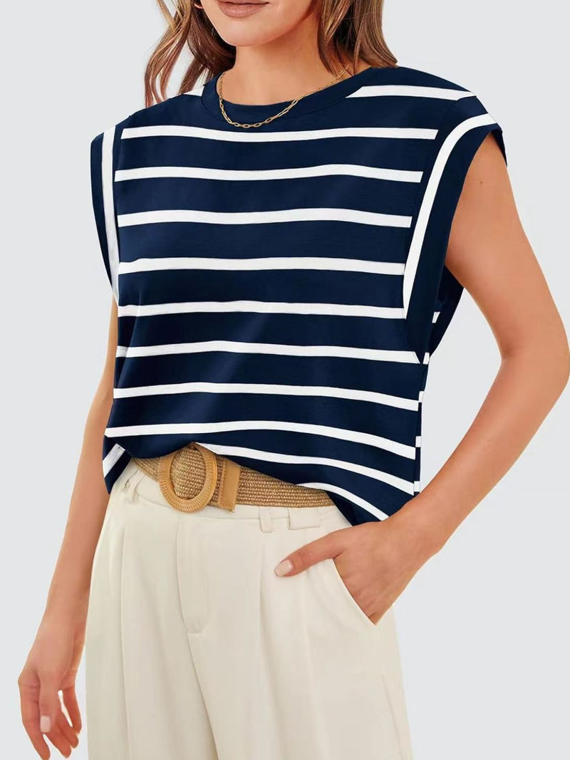 Florira Striped Round Neck Cap Sleeve T-Shirt Dark Blue