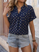 Perfee Printed Notched Short Sleeve Blouse Dark Blue