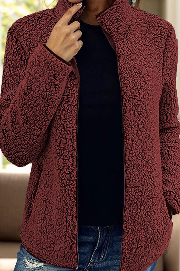 Pocketed Zip Up Turtleneck Jacket Burgundy
